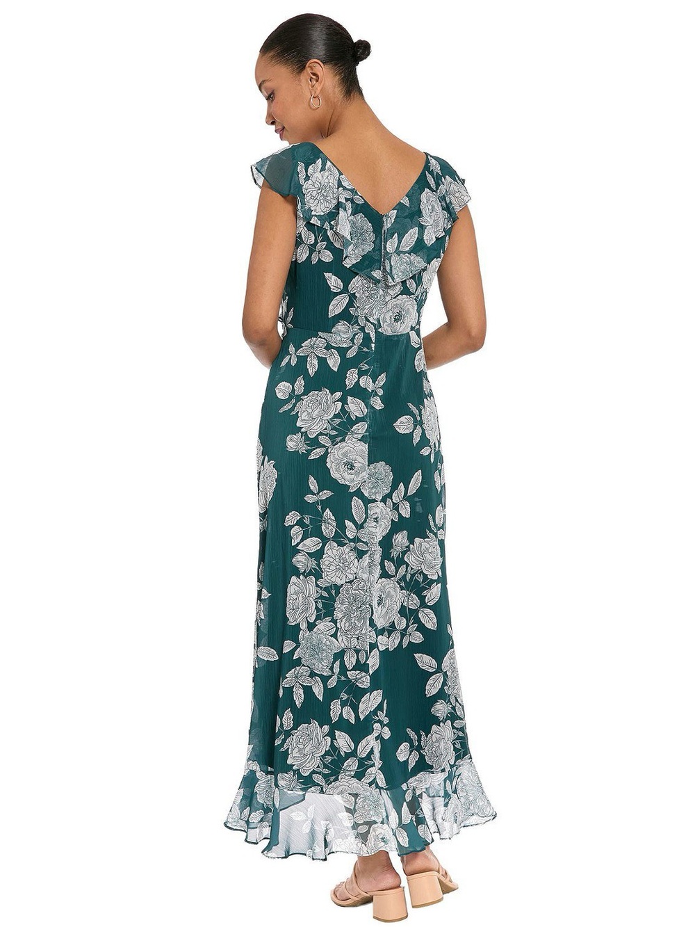 London Times Navy Floral Maxi Hi Low V-neck Beach Dress with Ruffles Sz 10 - Picture 2 of 12
